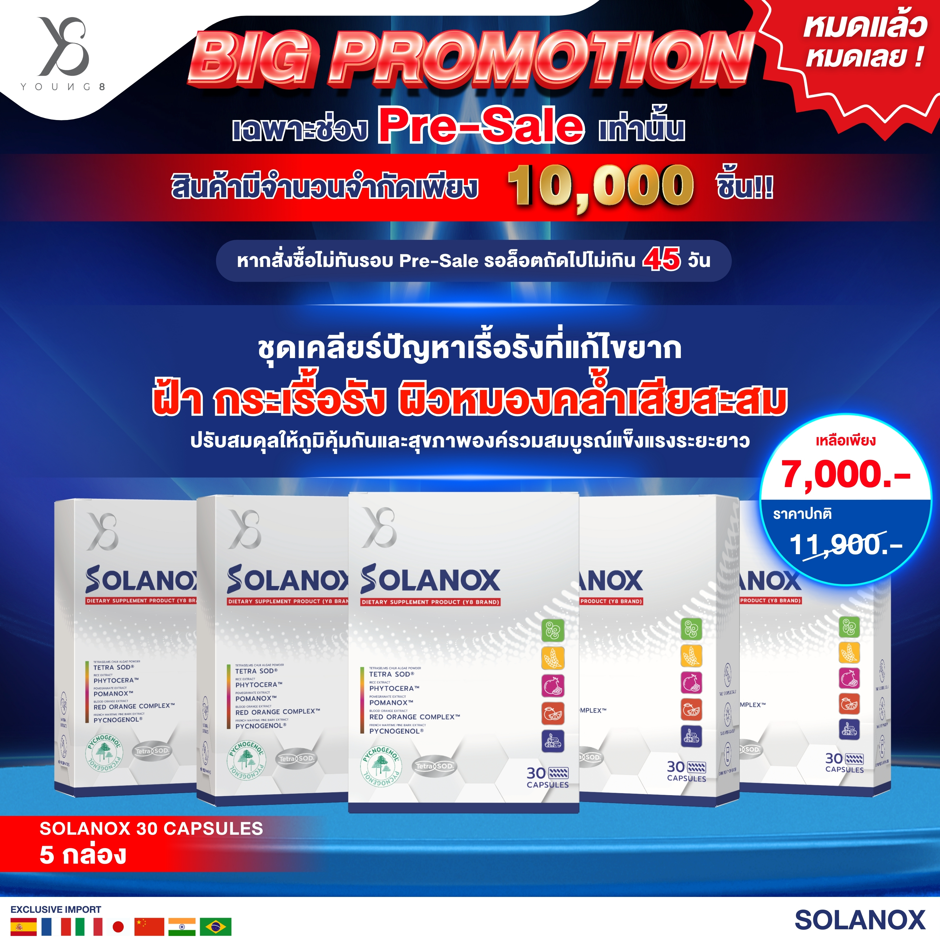 ราคา Y8 Solanox อาหารเสริม ต้านแก่ ลดฝ้าสิวผิวหมองคล้ำเรื้อรัง สารสกัด Tetra SOD , Pycnogenol