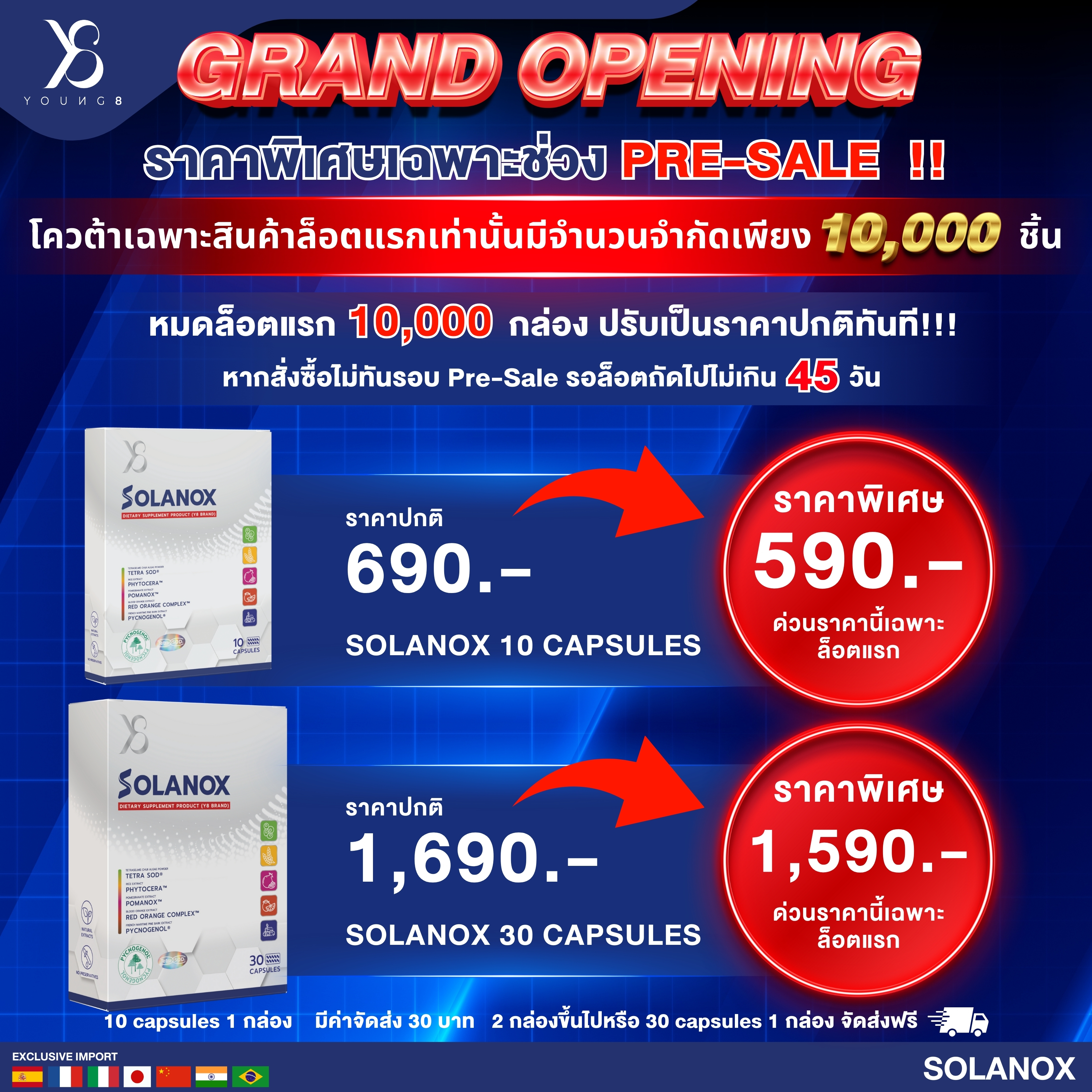 ราคา Y8 Solanox อาหารเสริม ต้านแก่ ลดฝ้าสิวผิวหมองคล้ำเรื้อรัง สารสกัด Tetra SOD , Pycnogenol