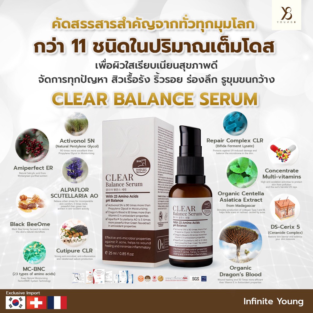 Y8 เซรั่ม Clear Balance Serum เซรั่ม ช่วยลดสิว ปรับสมดุลผิว ลดริ้วรอย รูขุมขน ผิวกระชับ